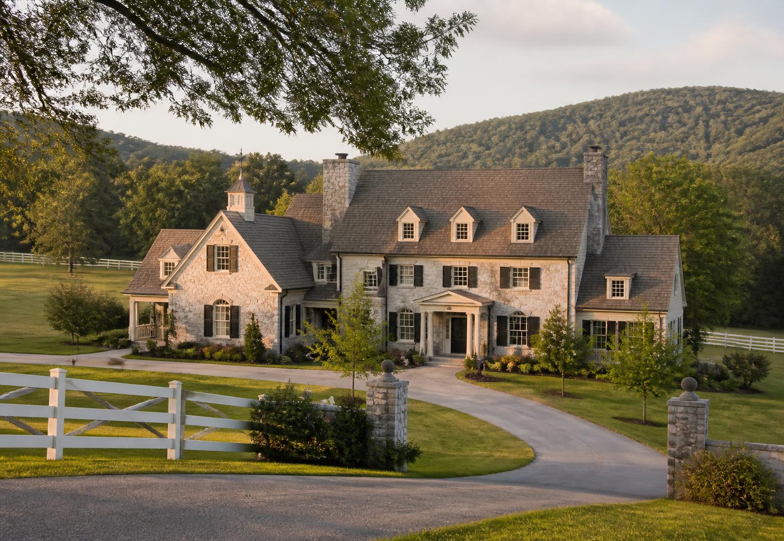 Estate home with white fencing and pasture in Milton, Georgia